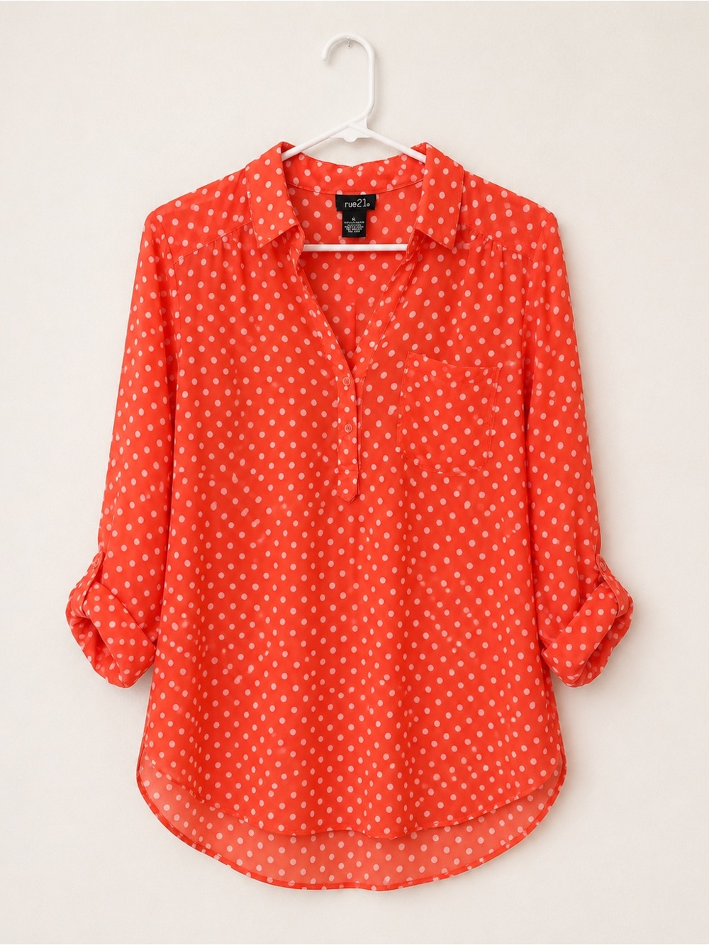 Rue21 Coral Red Polka Dot Roll-Tab Button Shirt